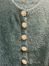 Tribal alpine green fuzzy cardigan w/ jewel buttons