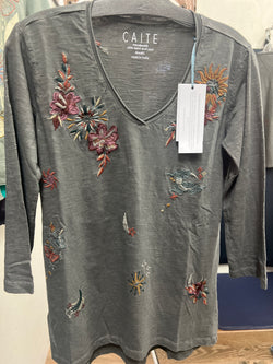 Caite & Kyla 3/4 sleeve embroidered grey top