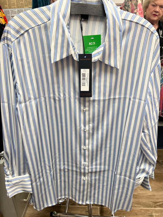 Renuar silky striped button up shirt chambray combo