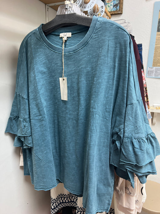 Easel teal blue ruffle sleeve top