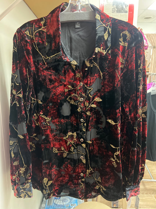 AZI black red velvet burnout top