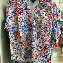 Boho chic red white blue floral shirt
