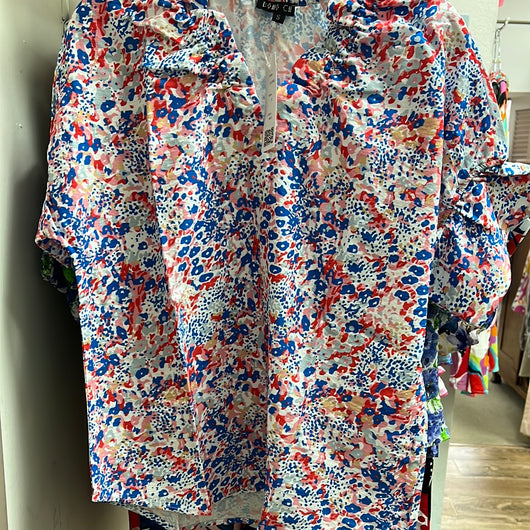 Boho chic red white blue floral shirt