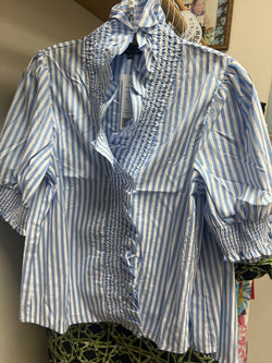 Boho chic blue white stripe ruffle blouse