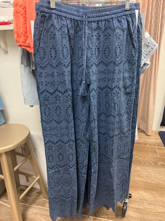 Caite denim blue eyelet wide leg pull on pants