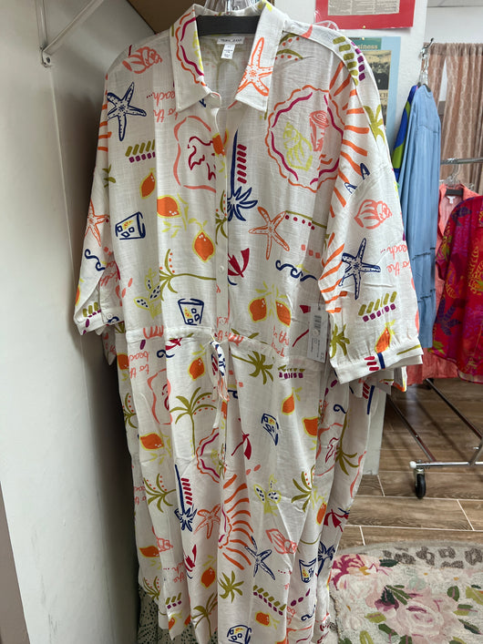 Tribal summer white print linen dress