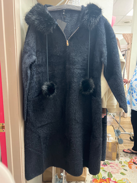 JOH knitted brushed coat w/ fur puffs black
