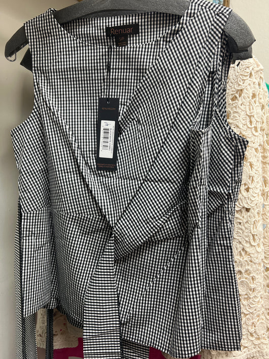 Renuar black white white cotton tie front top