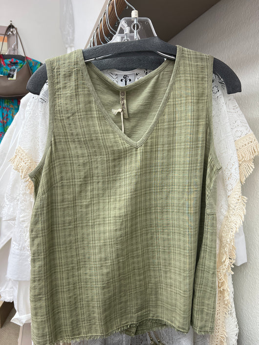 XCVI Sage green tone on tone plaid tank