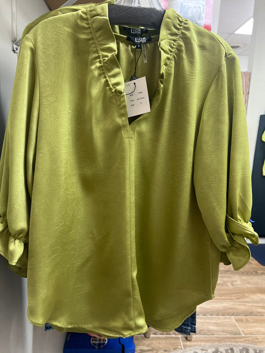 Lior silky ruffle v neck leaf green