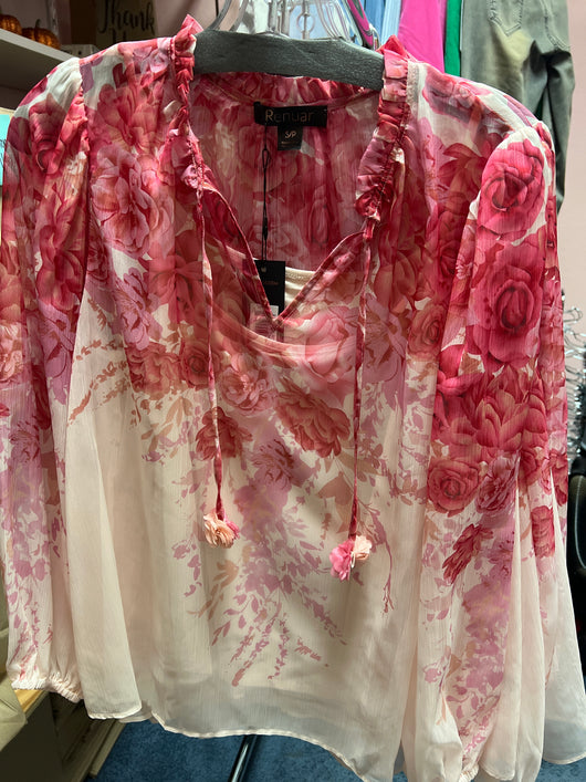 Renuar rosette combo pink floral blouse