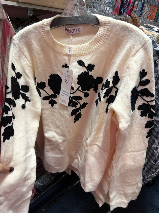 Papillon Cream Black Floral Sweater