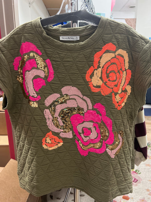 See & Be Seen quilted sage green sequin top