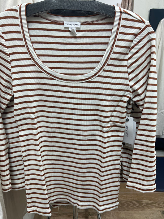 Tribal striped crew neck 3/4 top desert sand