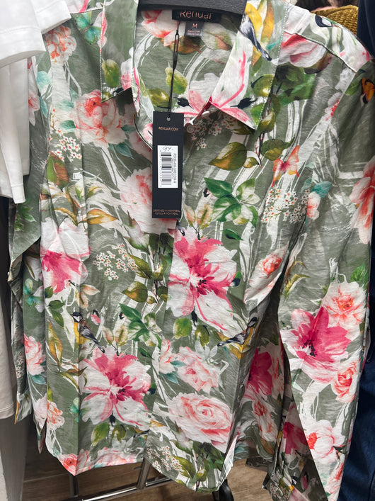Renuar green combo floral bird blouse