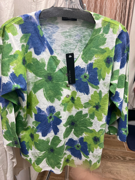 Nally & Millie blue green flowers v neck top