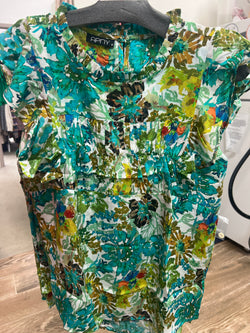 APNY green multi sleeveless flutter top