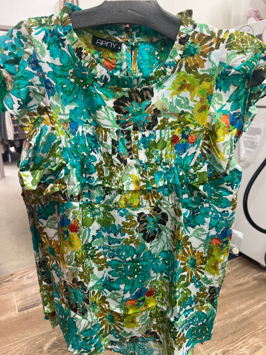 APNY green multi sleeveless flutter top