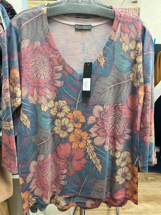 Nally & Millie blue floral v neck top