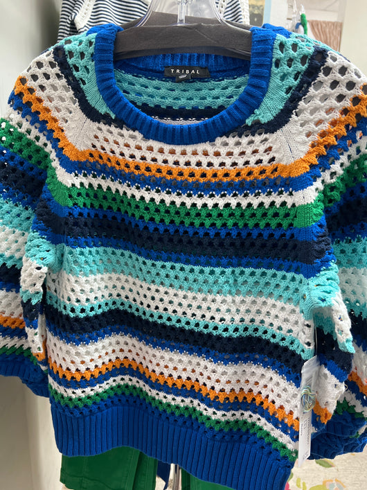 Tribal riviera multi stripe crochet 3/4 sweater