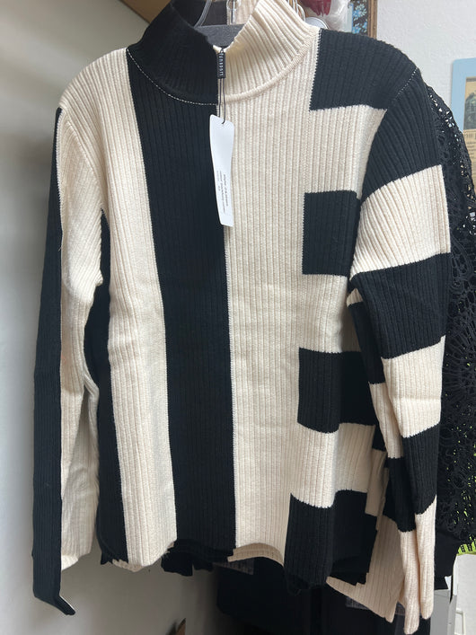 FunSport black & ivory stripe mock neck sweater