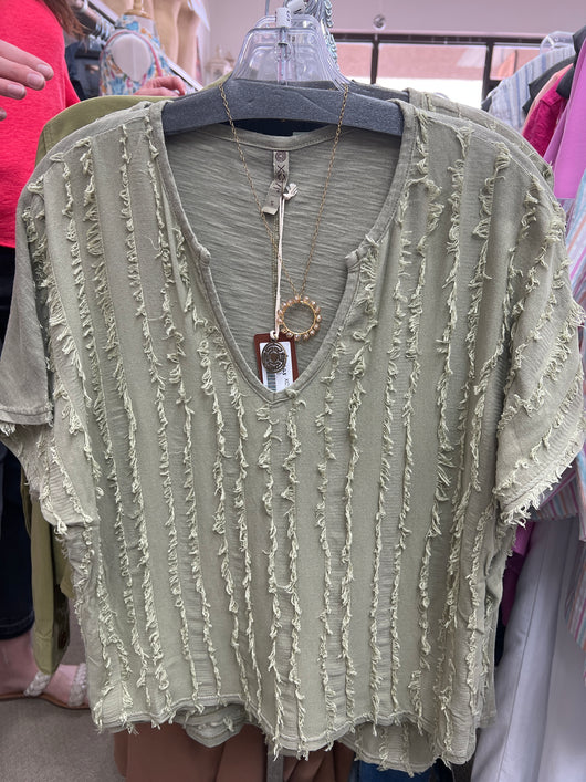 XCVI sage green fray detail top