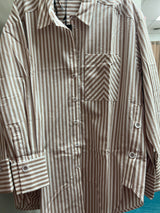 Renuar stripe button up shirt tan combo