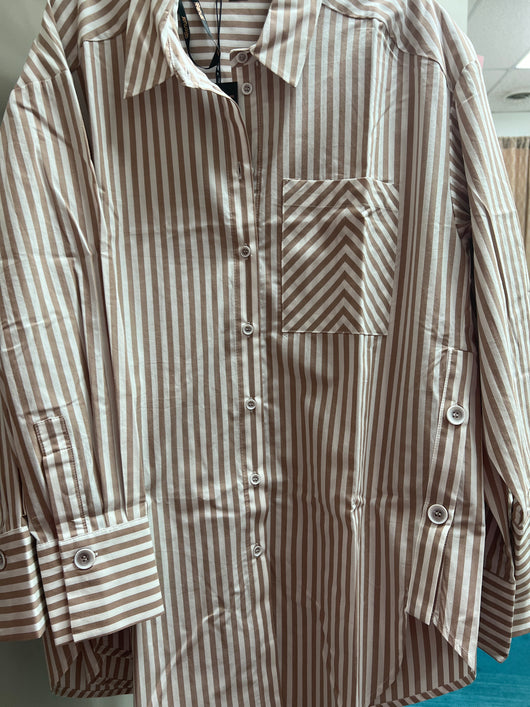 Renuar stripe button up shirt tan combo