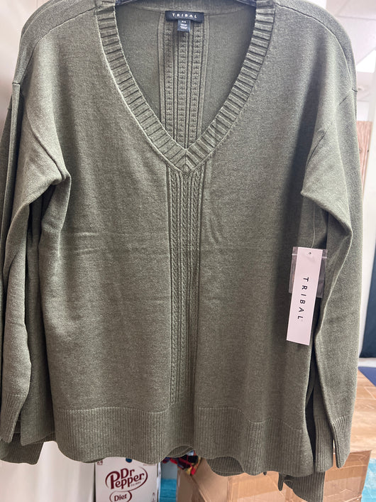 Tribal lightweight v neck sweater spinach green