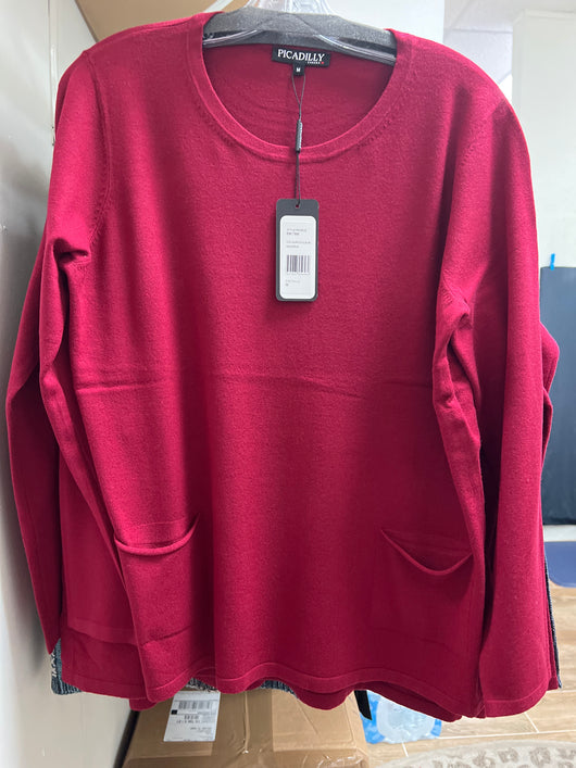 Picadilly crew neck pockets sweater sangria red