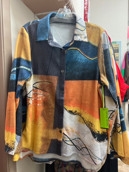 Trisha Tyler blue orange multi shacket