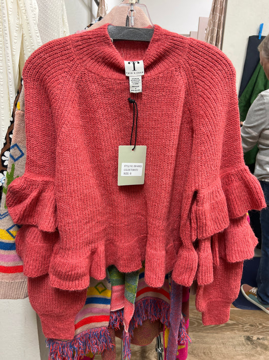 Rain & Rose tomato red ruffle sleeve sweater