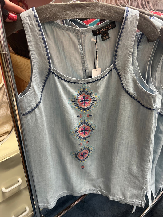 Renuar chambray multi embroidered tank top
