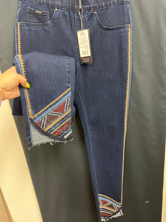 FDJ dark wash embroidered pull on slim ankle