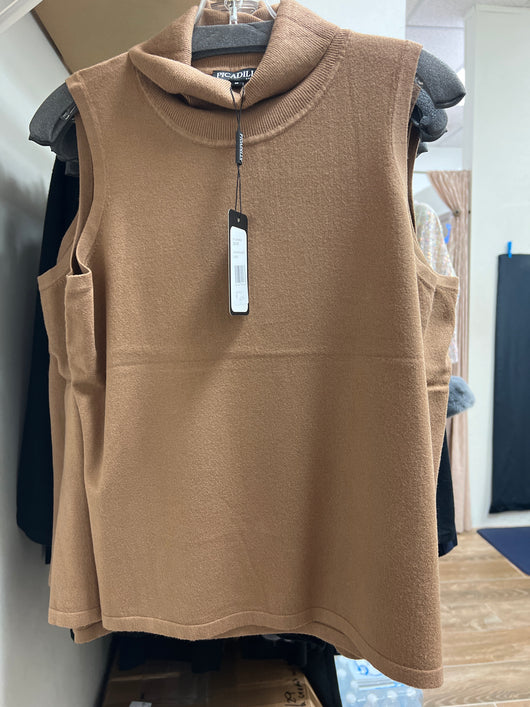 Picadilly knit turtle neck sleeveless top camel