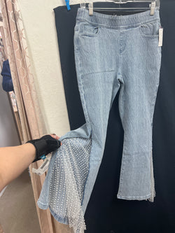 AZI textured lace detail flare jeans