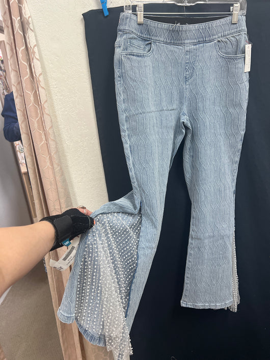 AZI textured lace detail flare jeans