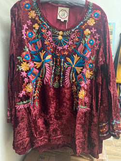 A&A maroon velvet embroidered blouse