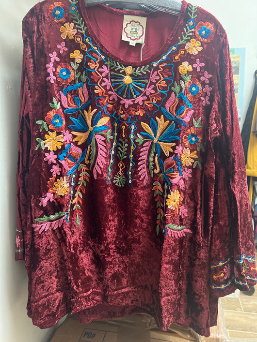 A&A maroon velvet embroidered blouse