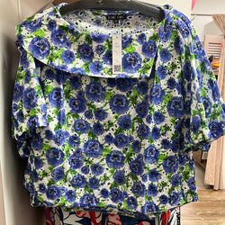 Boho chic blue green white floral eyelet top