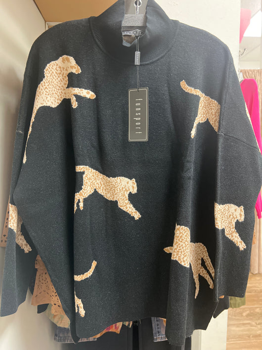 FunSport black mock neck leopards sweater