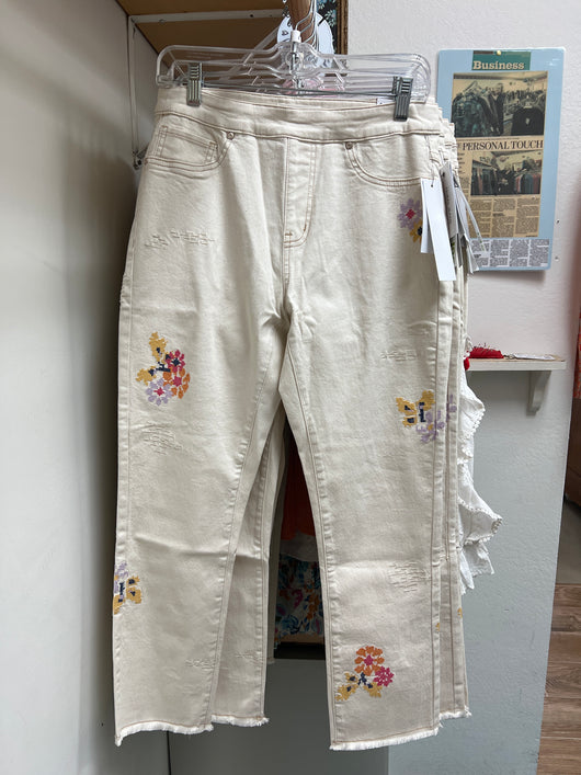 Tribal ecru cross stitch floral fray hem jeans