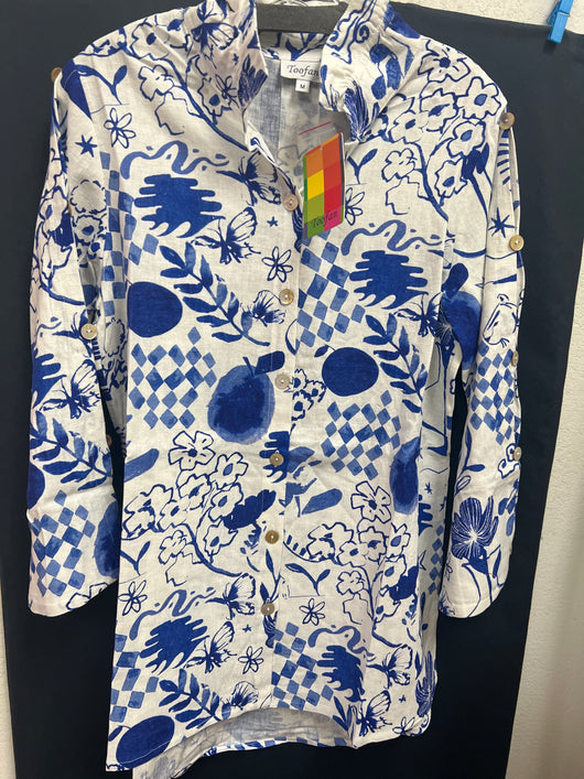Toofan blue abstract print linen tunic