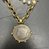Michele Busch cream crystal brass coin necklace