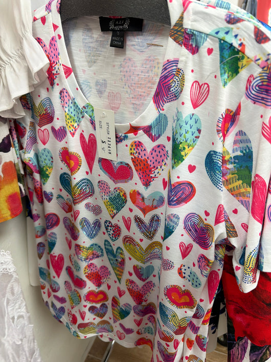 AZI white top w/ colorful hearts