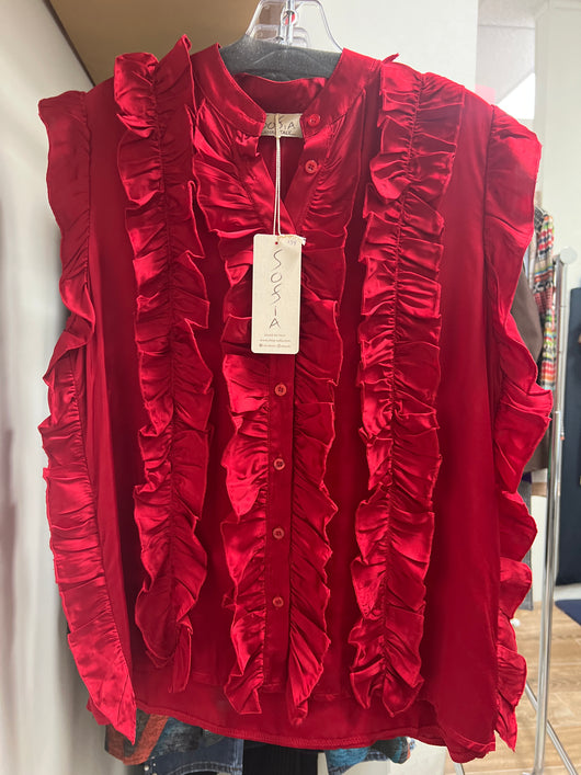 Sofia red ruffle sleeveless top