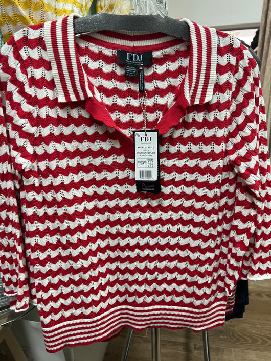 FDJ wavy stripe knit polo sweater rouge red