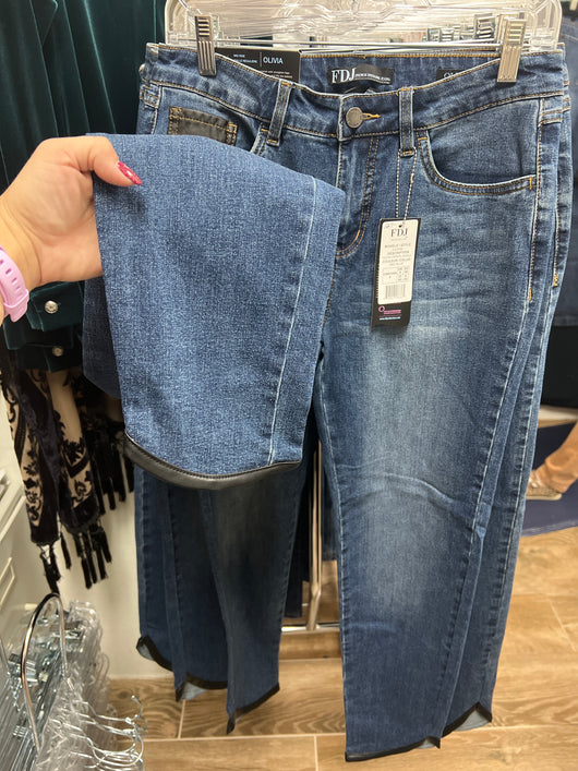 FDJ Olivia pencil ankle med wash faux leather trim jeans