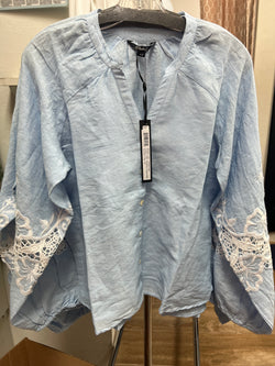 Charlie B chambray embroidered sleeve blouse
