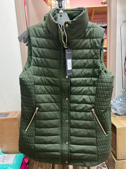 Renuar zip up long vest w/ fur collar chive green
